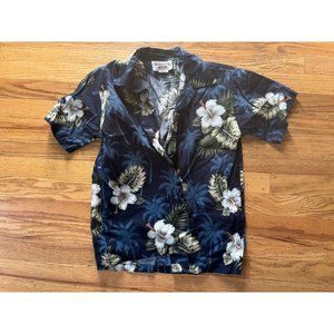 80s Hawaiian Kids Navy Button-Up Shirt with White Hibiscus Flowers, Palm Leaves